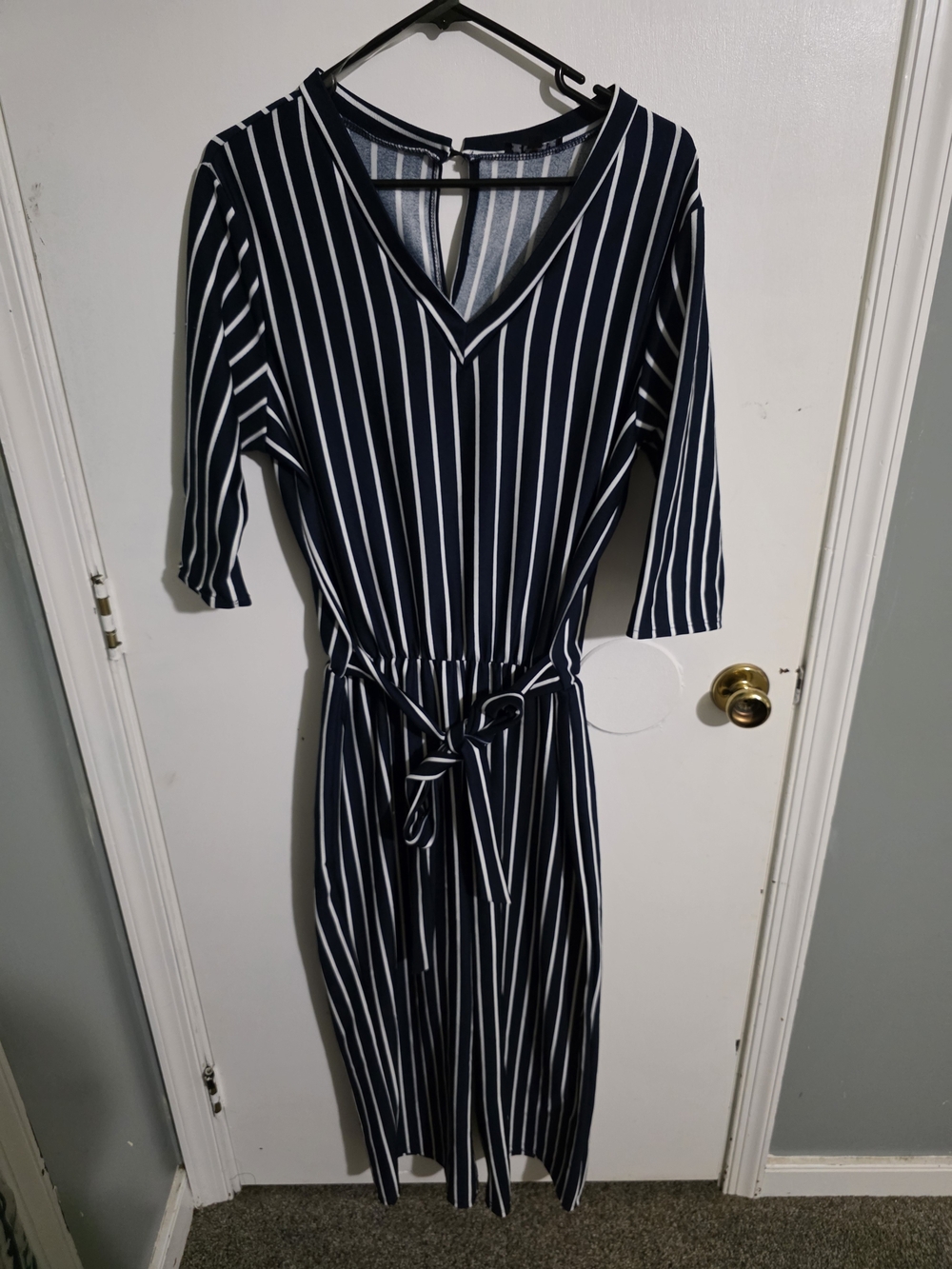 Poof! Navy and White Vertical Stripe V-Neck Tie-Waist Jumpsuit